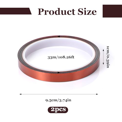 Wanmu 2 Rollen Kapton Tape, Hohen Temperaturen Klebeband Hitzebeständig Kaptonband, Polyimid Capton Tape Isolierband Hitzebeständig für Leiterplatten 3D Drucke Löten Sublimation - 10 mm x 33 m