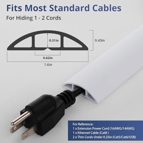 Image of ZhiYo 5.6ft Cord Covers for Wires on Floor, Cord Hider Floor Hide Extension Cords, Soft PVC Cable Cover Cable Protector, Wire Cavity W0.62in H0.31in, White
