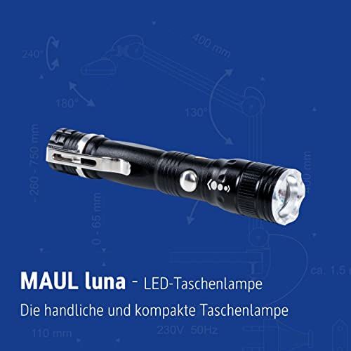 MAUL LED-Taschenlampe luna – robuste und outdoor-taugliche LED Taschenlampe inkl. Halteclip aus Metall – Stabtaschenlampe mit langer Leuchtdauer und Spritzwasserschutz (IPX4) – schwarz