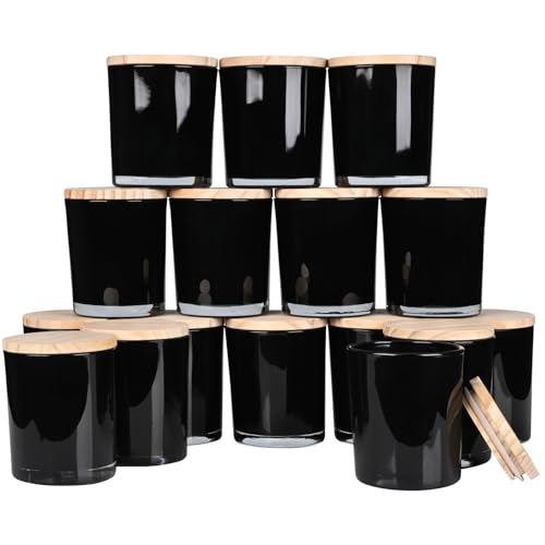 SHOWIN Thick Candle Jars for Making Candles 16 Pcs, 7 OZ Empty Jars with Wood Lids for Candle Making, Sample Container, Inner Black