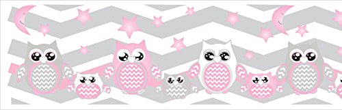 Pink Owl Border Wall Decals Stickers Chevron Border Forest Animal Nursery Decor