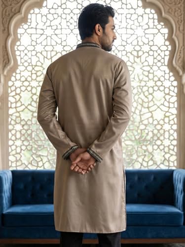 Image of Jompers Men Embroidered Silk Blend Kurta (Brown, M)