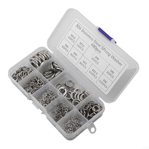 Spring Washers Stainless Steel 480pcs Set with 304 Anti Rust Lock Washers for Bolts and Screws, Heavy Duty Vibration Resistant Washers Assortment for Automotive and Industrial