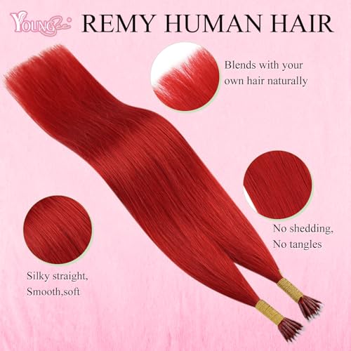 Image of YoungSee Nano Ring Hair Extensions Human Hair Red 22 Inch Nano Beads Hair Extensions Human Hair Red Nano-tip Extension Colored Nanolink Remy Hair Colored for Adding Color Highlights 25g 25 strands