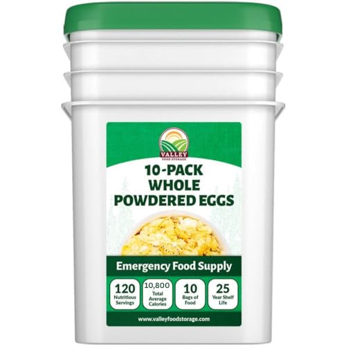 Freeze Dried Whole Powdered Eggs 10-Bag Bucket, 63.5 Oz | Premium Emergency Food Supply 25 Year Shelf Life | Non-GMO Prepper Supplies, Survival Food, Off Grid Living Supplies | Valley Food Storage