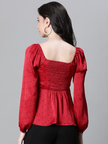 Image of Women Solid Round Neck Elasticated Polka Print Long Sleeve Top