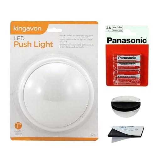 Kingavon LED Push Lights Bundle: Battery-Powered Stick-On Lights with Panasonic AA Batteries, Double-Sided Foam Tape – Ideal for Under Cupboards, Shelves, Closets, Garage, and Emergency Lighting