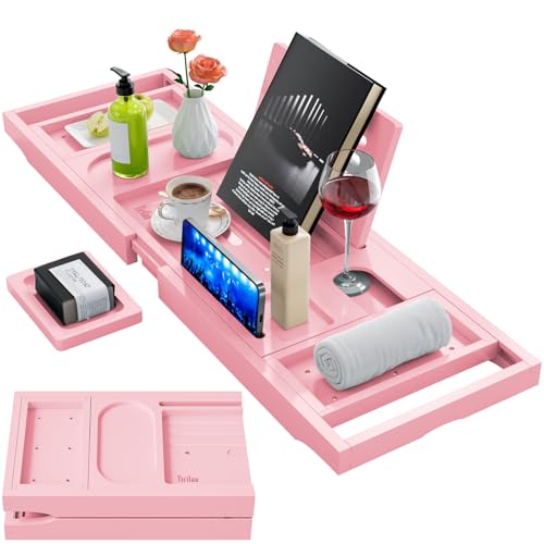 Yirilan Premium Bathtub Tray Caddy – Expandable Bath Tray – Unique House Warming Gifts, New Home, Anniversary & Wedding Gifts for Couple, Bridal Shower Gift for Women-Pink