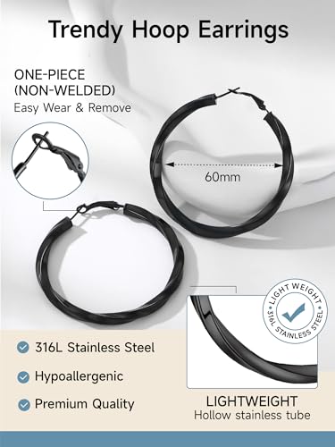 Image of Stainless Steel Chunky Hoop Earrings For Women, Minimalist and Chic, Black /Gold Plated, Round Hoops Earrings Hypoallergenic, Size: 30mm /40mm /60mm /80mm, Come with Box