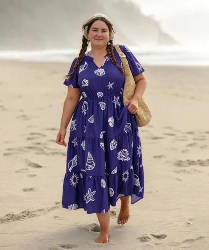 Image of TIYOMI Women Plus Size Dress Boho V Neck Short Sleeve Beach Maxi Dresses Floral /Stripe /Leaves /Lemon XL-5XL