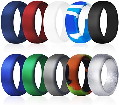 COOLOO Silicone Wedding Ring for Men, 10 Pack Affordable Silicone Rubber Wedding Bands Durable Comfortable Rings, Black White Blue Silver Gray