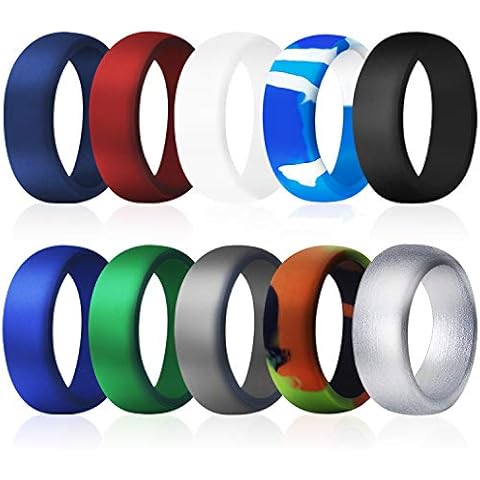 COOLOO Silicone Wedding Ring for Men, 10 Pack Affordable Silicone Rubber Wedding Bands Sturdy Comfortable Rings, Black White Blue Silver Gray Cover