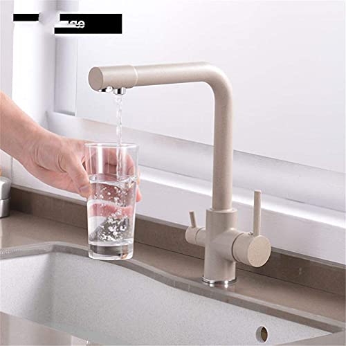 Robinet évier de cuisine anti-calcaire 3 voies beige avec douchette et sortie eau pure intégrée