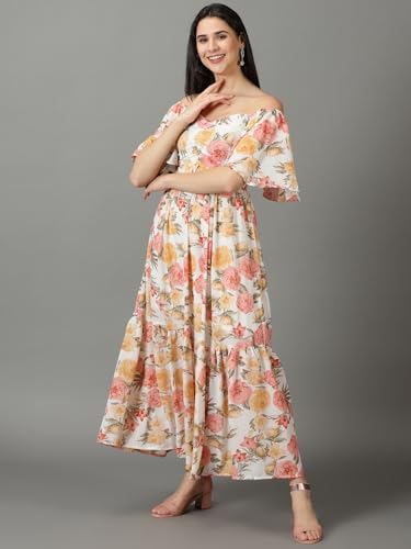 Image of SHOWOFFFF Women Printed Fit and Flare Casual Dress | V Neck Half Sleeves Chiffon Dress for Womens | Maxi Dress for Women's