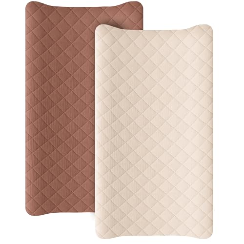 Image of Konssy Waterproof Muslin Changing Pad Cover 2 Pack, Quilted Cotton Fitted Diaper Changing Table Cover, Soft Changing Pad Sheets for Girls Boys (Chestnut,Cream)
