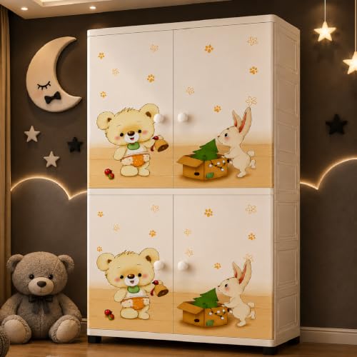 Image of Mevigo 4-Door Plastic Wardrobe for Kids| Almirah and Wardrobe for Baby Clothes| Modular Storage Cabinet with Wheel Organizer for Cupboard Rack for Clothes /Shoes /Books /Toy -White-Cute Bear