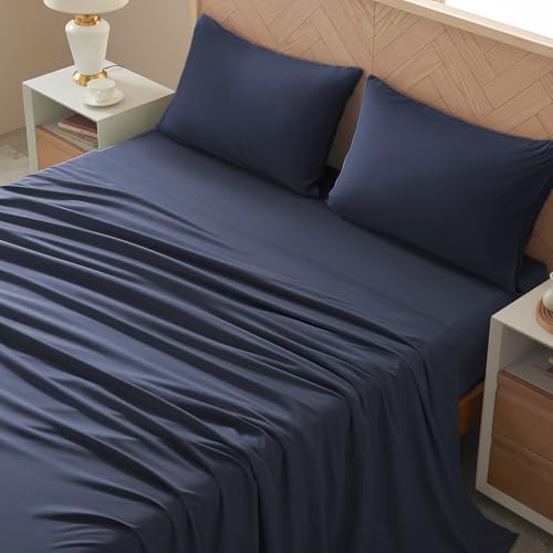 Image of Queen Size 4 Piece Sheet Set - Comfy Breathable & Cooling Bed Sheets Set, Soft and Wrinkle Free, Deep Pockets, Easy & Secure Fit, Hotel Luxury Bedding - Oeko-Tex - Navy Blue