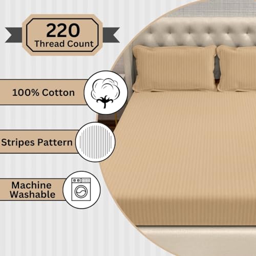 Image of Divine Casa Cotton King Size Bedsheet 210 TC Italian Stripe | Soft Skin Friendly Breathable Bed Sheet with 2 Pillow Covers | Premium Stripe Bedding Set | 275 x 275 cm (Biege, Striped)