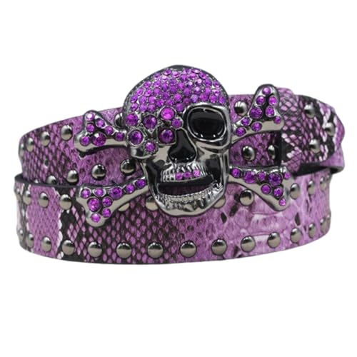 Bling Western Studded Belt for Women Men,Shining Skull Head Cross Rhinestone Buckle Crocodile Pattern Waist Strap(125cm/waist:43