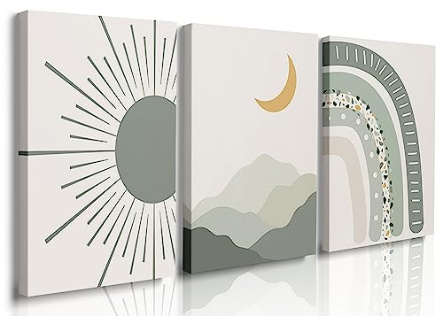 Image of igno Boho Nursery Print Set of 3,Sun Rainbow Moon Baby Room Posters,Sage Green Wall Art Celestial Bedroom Kids Room Wall Art Decor, Abstract Art Prints,Mid Century Mountain Art for Home Decor 12"x16"
