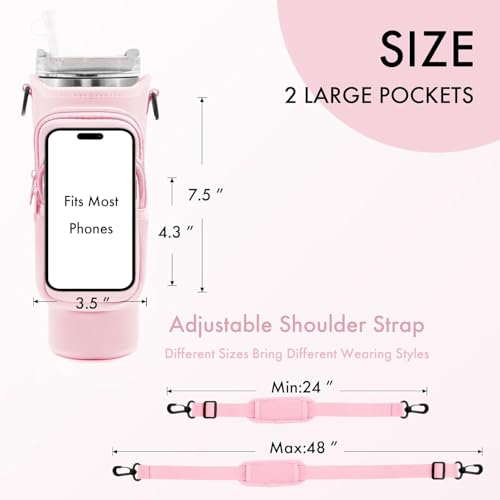 Image of House of Quirk Water Bottle Carrier Bag with Phone Pocket for Stanley 40 /30 oz Tumbler Neoprene Water Bottle Holder Pouch with Adjustable Strap (Purple)