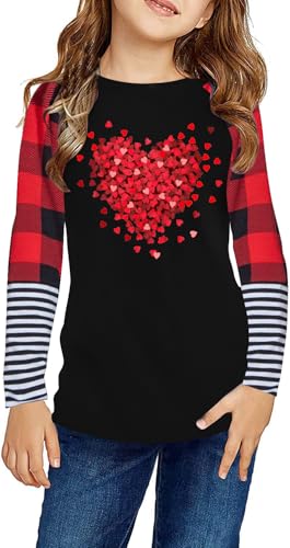Image of LAZYCHILD Kids Valentine Shirt Girls Valentines Day Shirts Heart Graphic Long Sleeve Striped Tee Tops 5-14 Years