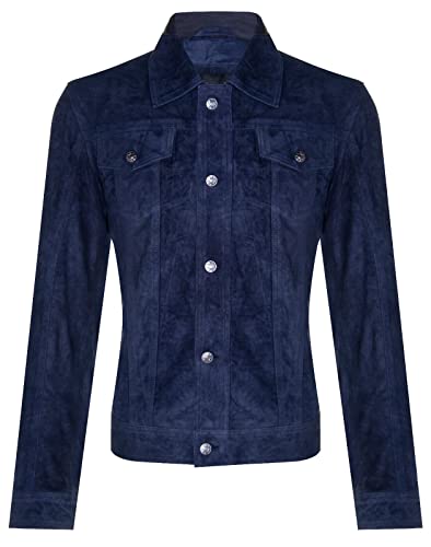 Men's Goat Suede Jeans Jacket Trucker Casual Denim Leather Shirt