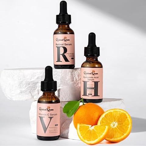 Radiant Queen Facial Serum Set - Facelift in a Bottle - Anti Aging Day and Night Serum - 3 Pack for Face including Vitamin C Serum, Retinol Serum and Hyaluronic Acid Serum Cover