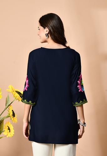 Image of Embroidered Chikankari Kurti with Kashmiri Aari Work, V-Neck, 3 /4 Sleeves, Rayon Fabric