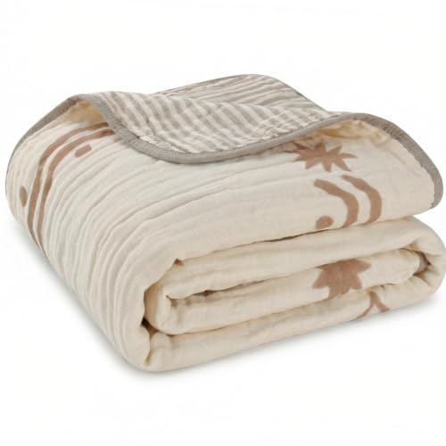 Image of Ultra Soft Muslin Baby Blanket - Made with Organic Cotton, Reversible Rainbow Print & Coffee Striped Jacquard, Swaddle & Crib Quilt, 43x43 Inches (Rainbow Border)
