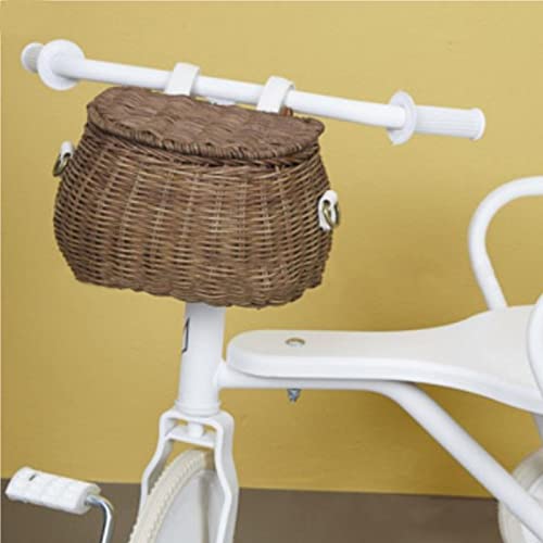 Huaoscn Childrens Wicker Bike Basket, Rattan Bicycle Front Basket With Cover And Leather Straps,Portable Hand-Woven Shopping Basket,Backpack For Boys And Girls,Kids Photography Props (Primary Color) #TOP3