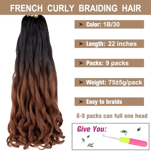 COOKOO 22 Inch 9 Packs Ombre Brown Spiral Loose French Curls Braiding Hair Bouncy Braids Hair Precurled Spanish Curls Synthetic Braiding Hair Extentions for Black Women 1B/30#