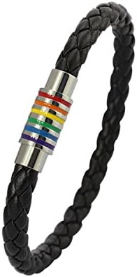Nanafast Titanium Stainless Steel Rainbow LGBT Pride Bracelet PU Leather Weave Plaited LGBTQ Bracelets Jewelry 8.67 Inches
