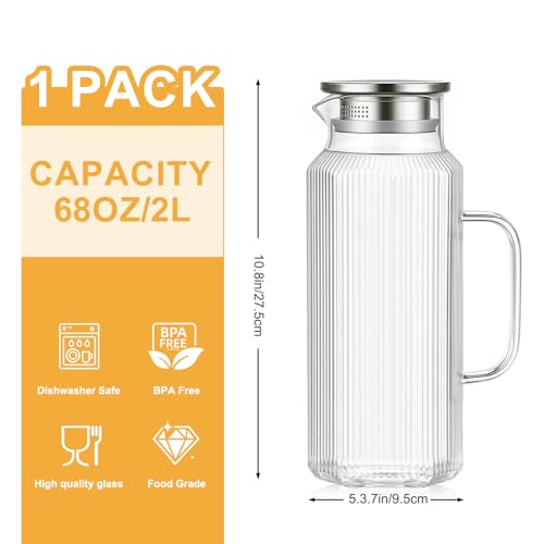 [68 OZ/ 2 Liter] - Achteckiger Glas Karaffe Krug mit Deckel und Auslauf, Klassischer Streifen-Wasserkrug mit Griff… – Ansicht 2