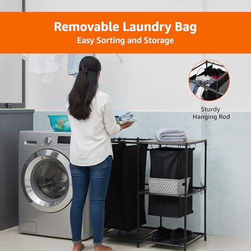 Image of Amazon Basics Multi-Function Laundry Shelf with 3-Tier Storage Organizer , Removable Polyester Bag, Iron Frame & MDF Shelf - 3-Tier Storage Organizer for Clothes, Towels & Supplies - Black (69L x 36W x 78H CM)