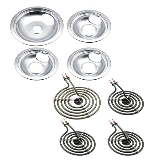 W10196405 W10196406 (3 Small and 1 Large) Drip Pans and MP15YA MP21YA Electric Range Burner Element Unit Set by SupHomie - Compatible with Whirlpool Amana Electric Range Stove