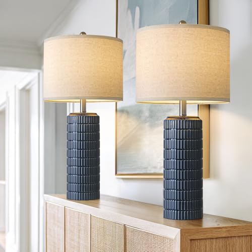 Image of PoKat 27.5'' Tall Table Lamps for Living Room Set of 2, Ceramic Bedroom Lamps for Night Stands, Modern Bedside Lamps for Bedroom Living Room, Nightstand Lamps for Side End Table Hallway, Blue