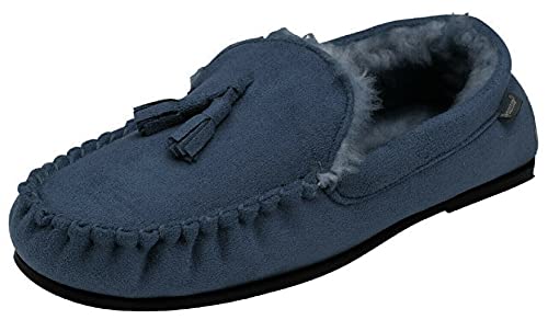 Image of DUNLOP Mens Famous George Moccasin Loafers Faux Sheepskin Fur Slippers with Rubber Sole (8 UK, Navy Duke)