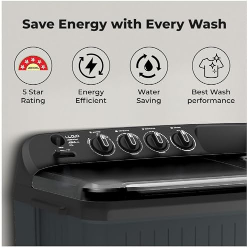 Image of Lloyd Aria 9 kg 5 Star Semi Automatic Top Load Washing Machine |1400 RPM | Detergent Storage Zone | 5 Wash Programs | Swift Dry | Magic Filter, GLWS905ARHVG, Dark Grey with Smoke Grey Lids)