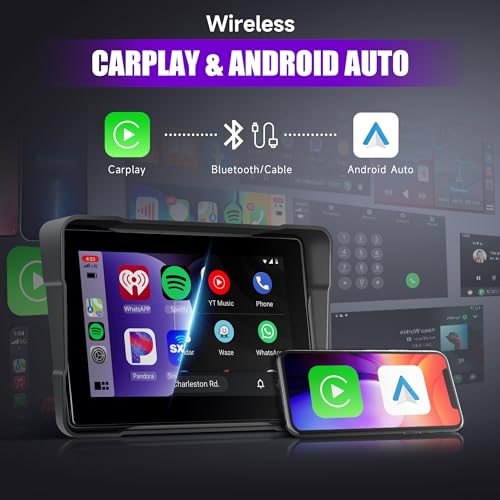 Rimoody CarPlay Écran de moto sans fil étanche 7" Android Auto pour moto, fonction AirPlay et Siri, double Bluetooth pou