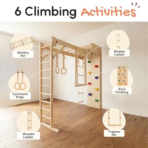 Image of Curious Cub Foldable Jungle Gym for Kids Indoor | Contain Rock Climbing for Kid At Home, Gymnastic Rings, Wooden & Wobble Ladder, Monkey & Trapeze Bar for Kids to Play Indoor Fun Activity for Ages 2+