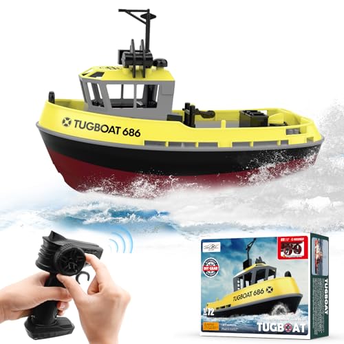 fisca Barco teledirigido - Barco RC de alta velocidad 1/72 para piscinas y lagos, remolcador RC con 40 minutos de tiempo de juego y recordatorio de batería para niños y adultos (amarillo)