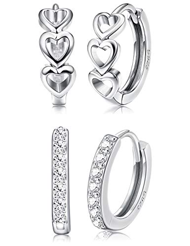 LOYALLOOK 2Pairs Sterling Silver Small Hoop Earring for Women Cubic Zirconia Cartilage Pierced Women Huggie Tiny Hoops Earring