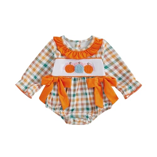 Newborn Infant Baby Girl Halloween Outfits Embroidered Pumpkin Onesie Long Sleeve Smocked Bubble Romper