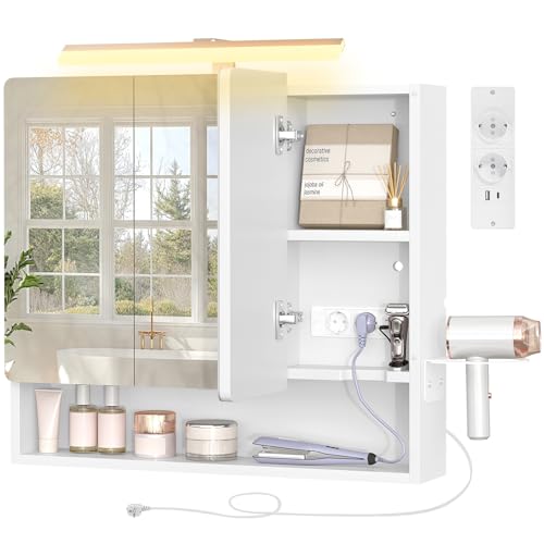 TEENFON Miroir Salle de Bain avec Rangement, Armoire Lumineuse à LED avec Prise Intégrée,...