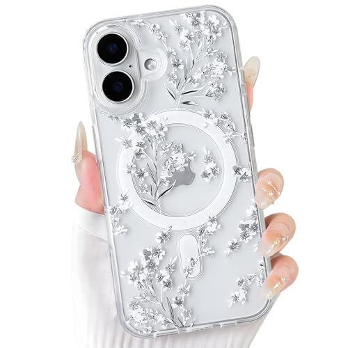 NITITOP Compatible with iPhone 16 Case Clear Magnetic Compatible with MagSafe Cute Flowers Floral Leaves for Women Girls Hard PC Back Shockproof Protective Phone Cover - White