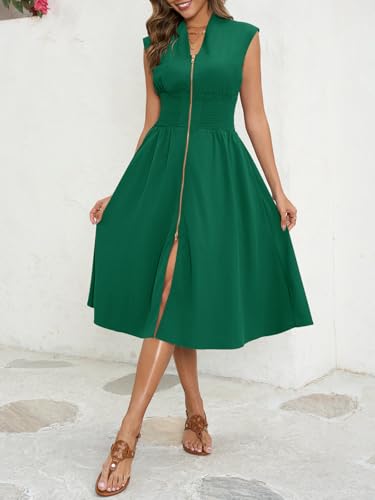 Image of Wenrine Womens Smocked Midi Dress Zipper V Neck Long Summer Dresses | zip front, empire waist, cap sleeve, flowy, a line, high slit, casual midi dress
