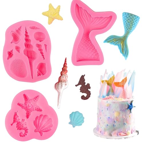 Sirène Moule Silicone 3D - Queue de Poisson et Coquillage pour Pâte à Sucre, Fondant - DIY Marin Décoration Gâteaux, Bonbons, Chocolats - Lot de 3