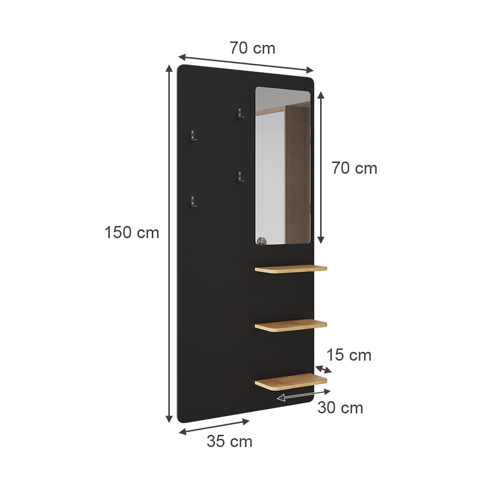 Vicco Appendiabiti da parete Jochen, Nero/quercia, 70 x 150 cm con specchio, da parete con ripiano per scarpe e borse