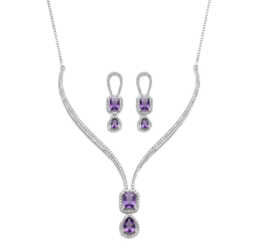 Premium American Diamond Purple Crystal Jewelry Set | Silver-Tone Necklace & Earrings| Jewelery For Women-image-33